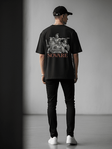 Person wearing a black t-shirt with 'NOVARE' design on the back, standing against a plain background.