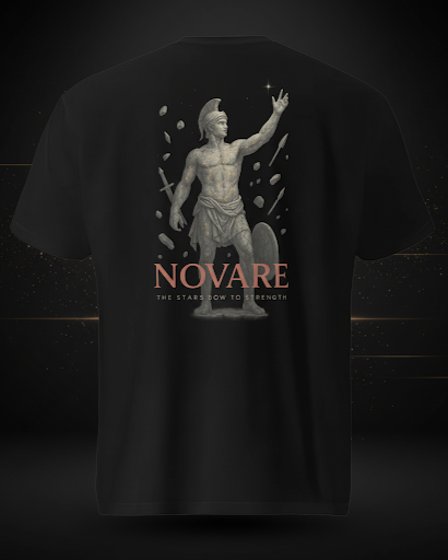 Black t-shirt with a graphic design of a warrior and 'NOVARE' branding on a dark background