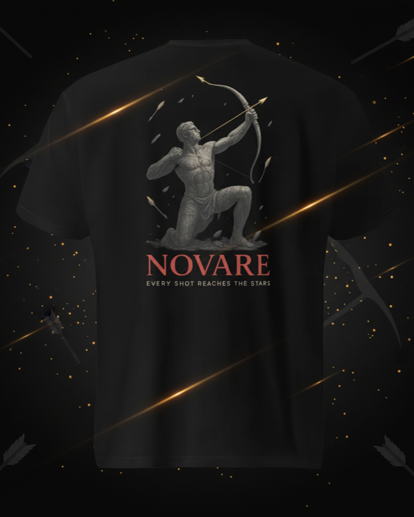 Black t-shirt with archer design and 'NOVARE' branding on a dark background