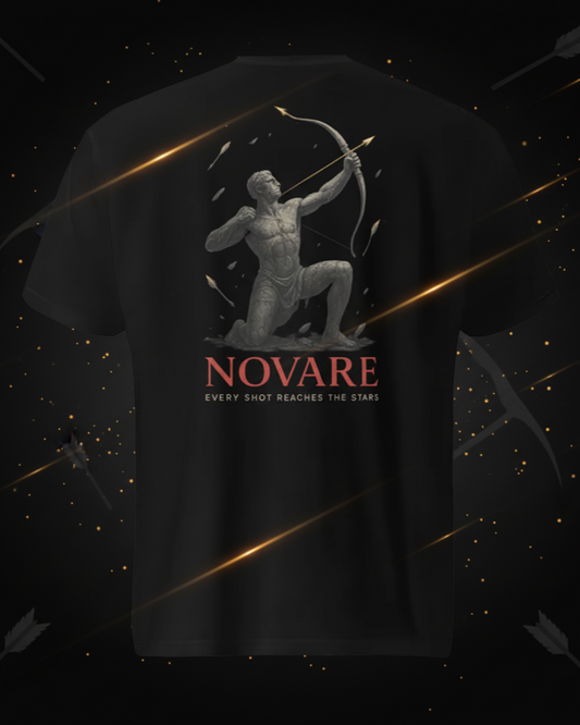Black t-shirt with archer design and 'NOVARE' branding on a dark background